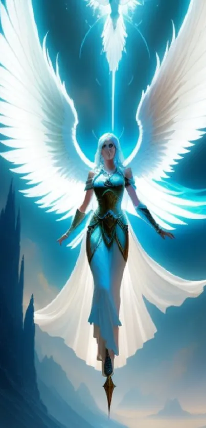 Ethereal angelic figure with glowing wings in a serene sky backdrop.