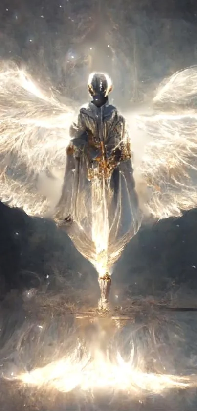 Ethereal angel with luminous wings and golden glow in mystical setting.