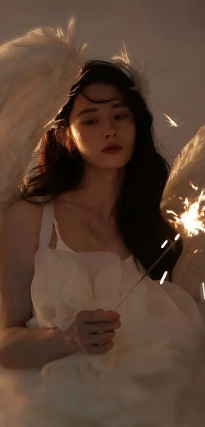 Ethereal angelic figure holding a sparkler with soft wings.