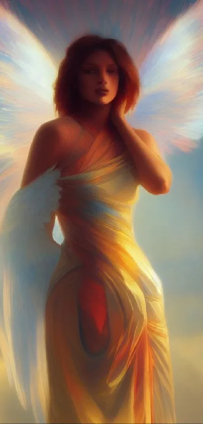 Ethereal angel with vibrant wings and warm orange hues in digital artwork.