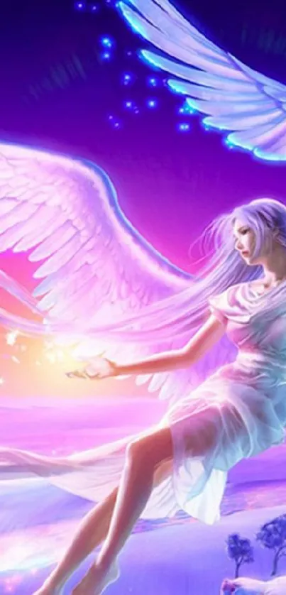 Ethereal angel with glowing wings on a vibrant purple sky background.