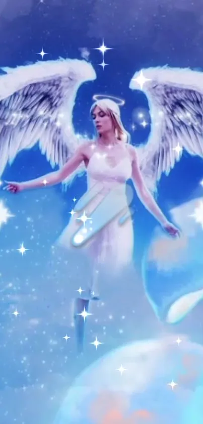 Ethereal angel with wings in a celestial, starry blue scene.