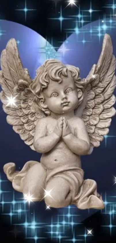 Ethereal angel wallpaper with cherub and shimmering stars on dark blue background.