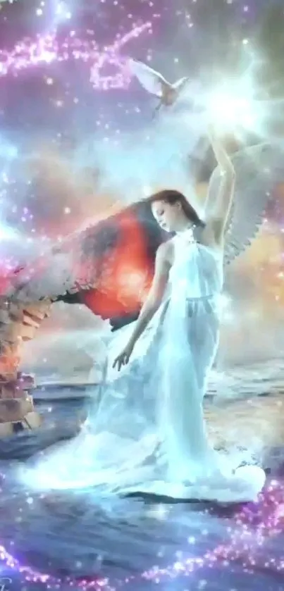 Ethereal angelic figure with celestial light in a mystical scene.