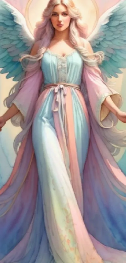 Ethereal angel with soft pastel wings and elegant gown in celestial theme.