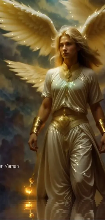 Angelic figure with gold wings and divine glow, set in a mystical background.