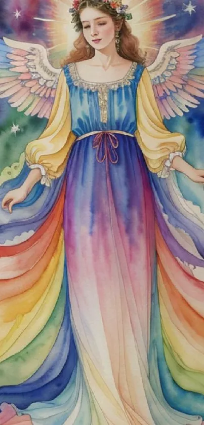 Ethereal angel with rainbow gown and wings, set against a colorful watercolor background.