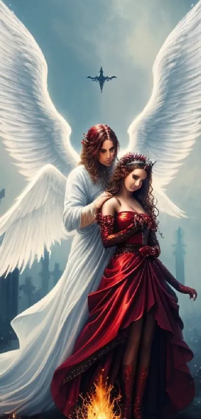 Romantic angelic couple with wings in gothic setting.