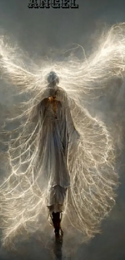 Ethereal angelic figure with glowing wings in a mystical setting.