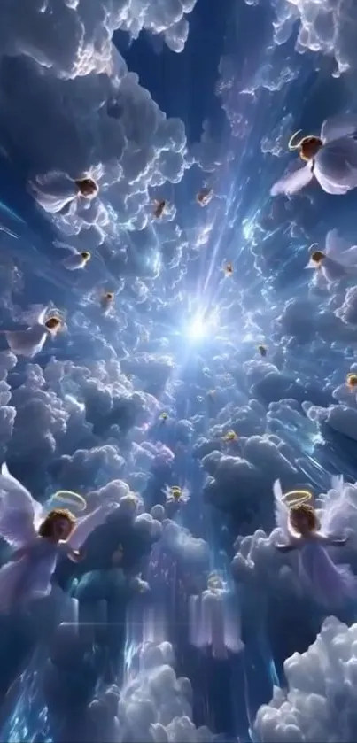 Ethereal angels soar through a cloudy sky. Fantasy mobile wallpaper.