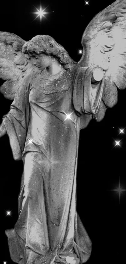 Serene angel statue set against a starry black background.