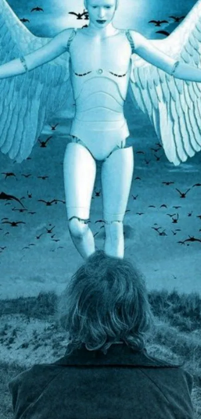 A futuristic angel with wings over a person, set in a striking light blue sky.