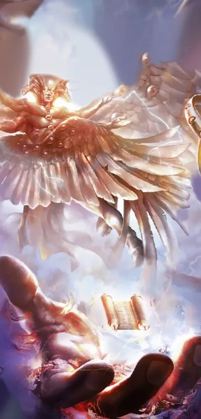 An ethereal angelic figure with radiant wings amidst luminous clouds.