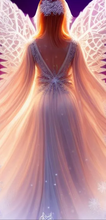 Ethereal angel with radiant white wings in flowing gown against twilight sky.