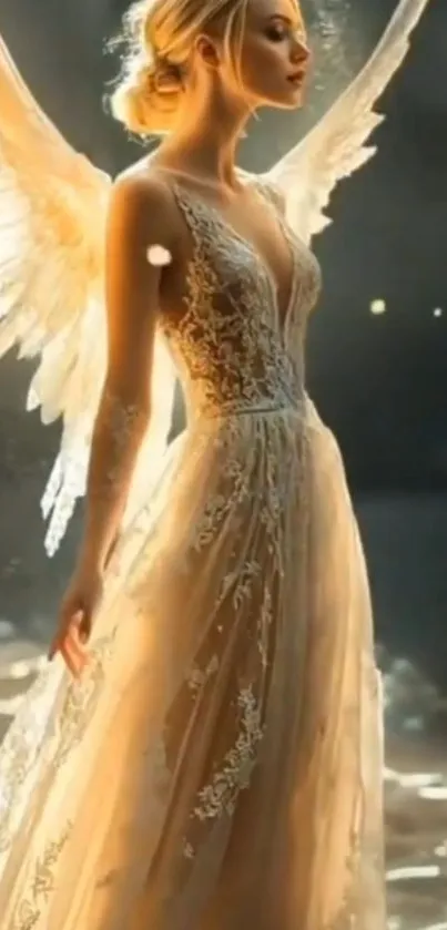 Ethereal angel with golden wings in a serene backdrop.