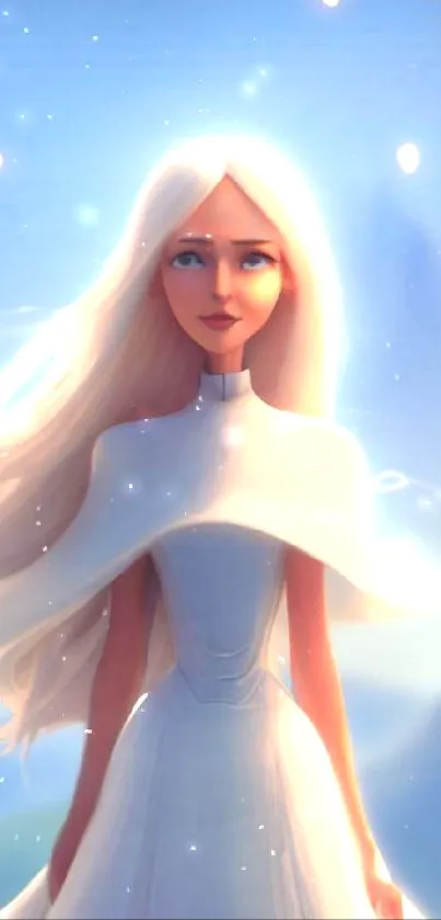 Ethereal animated woman with white hair in a serene, dreamy setting.