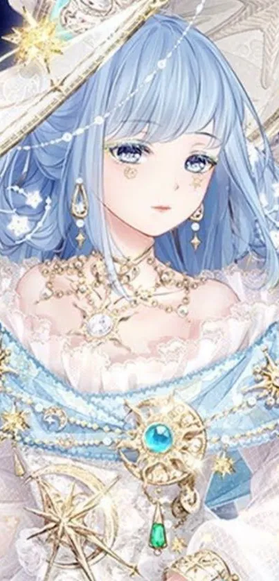 Anime princess with blue hair and celestial accessories.