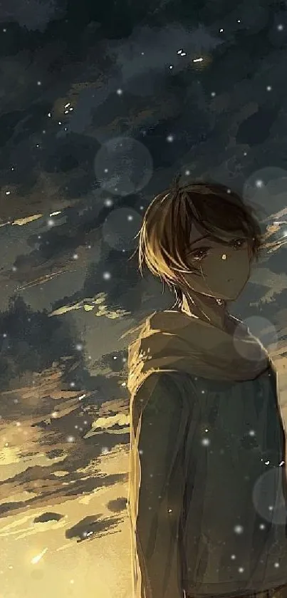 Ethereal anime art with a serene character under a dark, dreamy sky for mobile wallpaper.