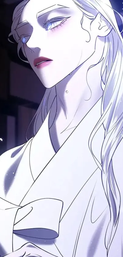 Ethereal anime character in a white robe with glowing features.