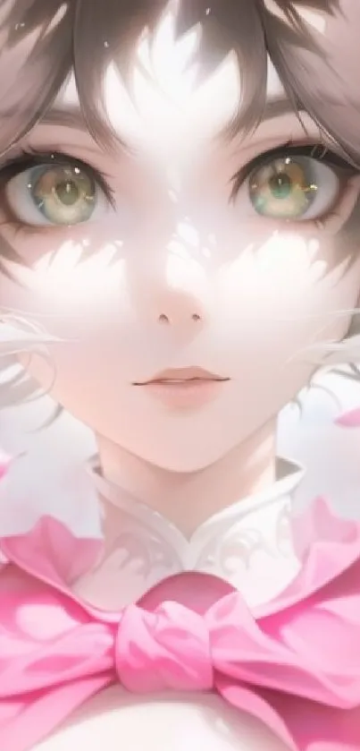 Ethereal anime character with soft pink hues in fantasy setting.