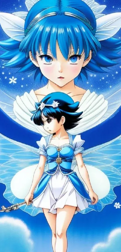 Anime fairy with wings in blue night sky wallpaper.