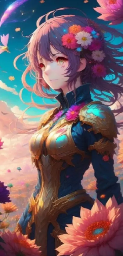 Anime fantasy art featuring a mystical girl surrounded by vibrant flowers under a celestial sky.