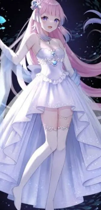 Anime character in white dress with flowing pink hair.