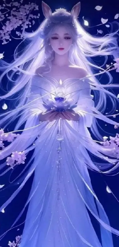 Ethereal anime character with flowing hair and purple accents in a magical scene.