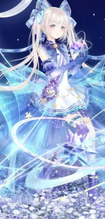 Ethereal anime girl in a cosmic blue setting.