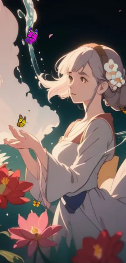 Anime girl with butterflies and flowers in a magical scene.