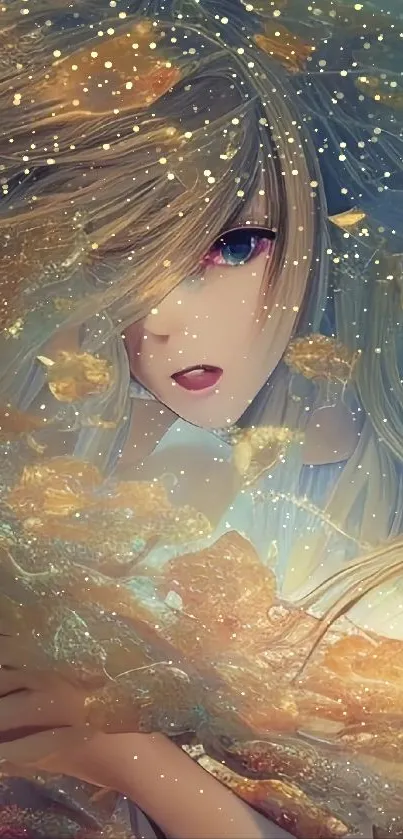 Ethereal anime girl with golden hues and mystical ambiance in a mobile wallpaper.