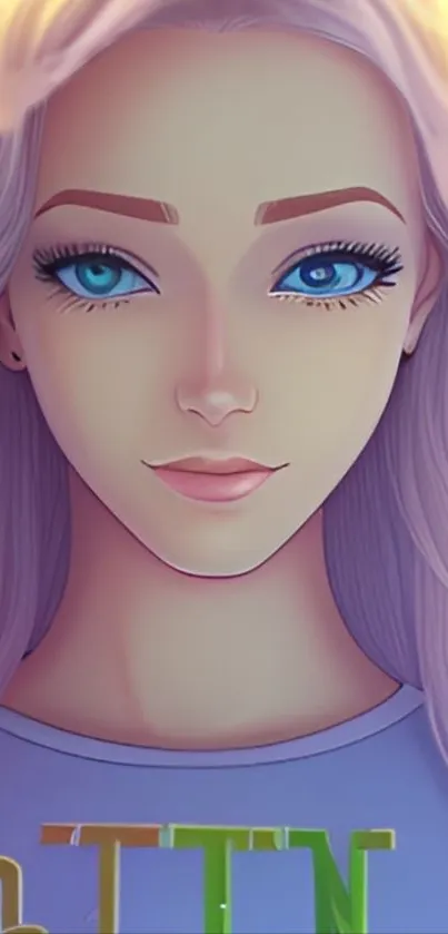 Ethereal anime girl with lavender hair and blue eyes.