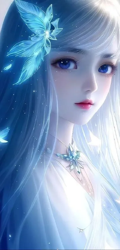 Anime girl with blue hues and butterflies in ethereal style.