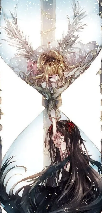 Ethereal anime hourglass with angelic and dark characters.