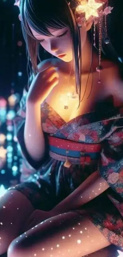 Anime character in a starry, glowing night scene.