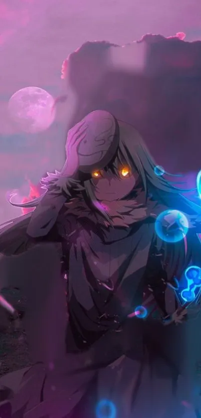 Mystical anime character in dark nightscape with glowing elements.