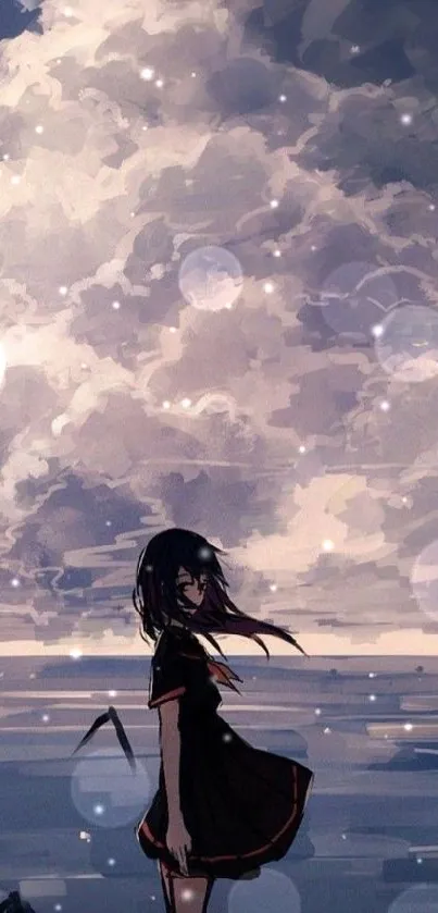 Anime girl with dark dress under a cloudy sky over ocean.