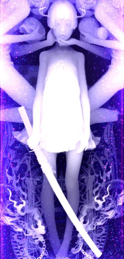 Ethereal anime figure with sword on a mystical purple background.