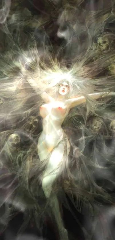 Ethereal figure surrounded by shadows in dark fantasy wallpaper.