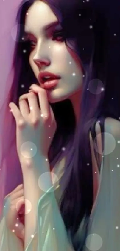 Digital artwork of a mysterious woman with long dark hair in a dreamlike setting.