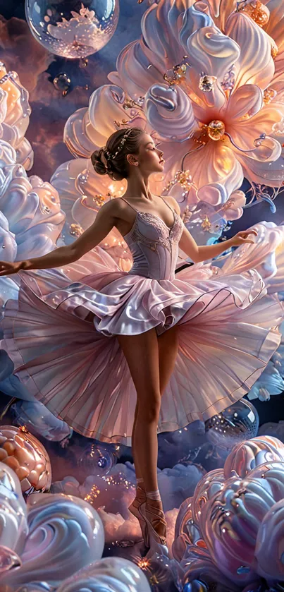 Ethereal ballerina dancing amid pastel clouds, creating a dreamlike mobile wallpaper.