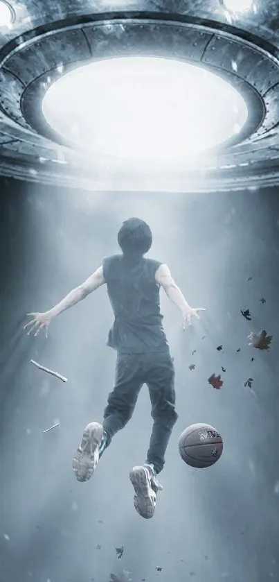 Person ascending toward UFO with basketball and cosmic light.