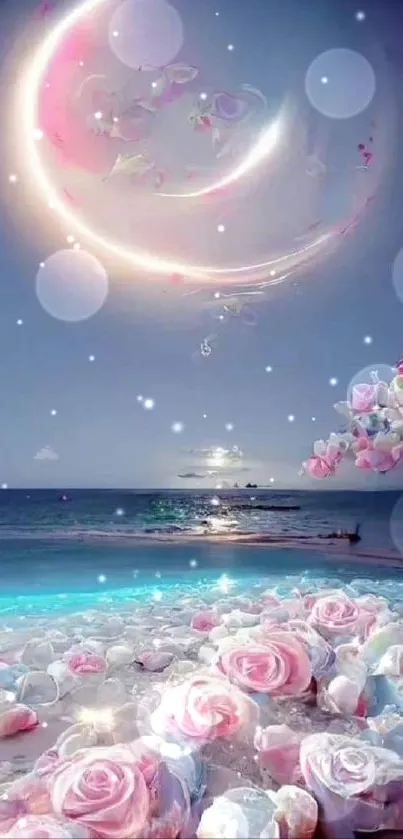 Dreamy beach with crescent moon and roses under a mystical night sky.