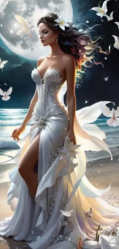 Elegant woman in a moonlit beach setting with doves and lilies.