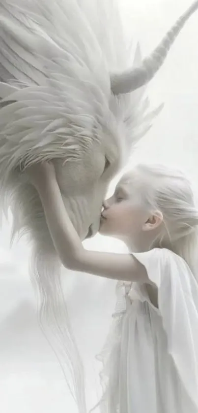 Girl kissing a mystical white beast in ethereal setting.