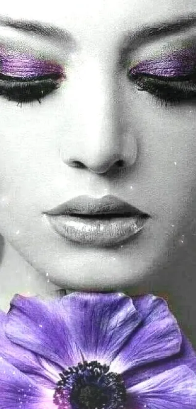 Black and white portrait with purple flower and sparkling accents.