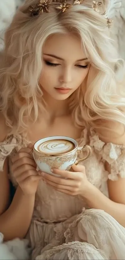 Serene woman with latte art in a dreamy setting.