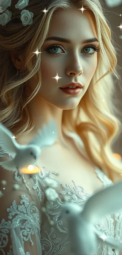 Ethereal woman with doves and soft glow.