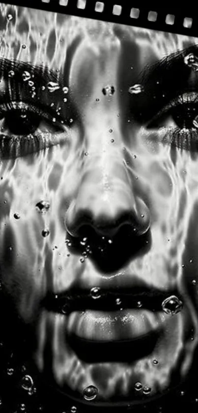 Monochrome portrait with water effects creating a mystical visual.