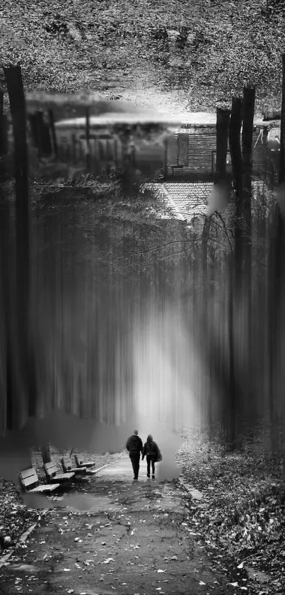 Two figures walk through a mystical forest scene in black and white art.